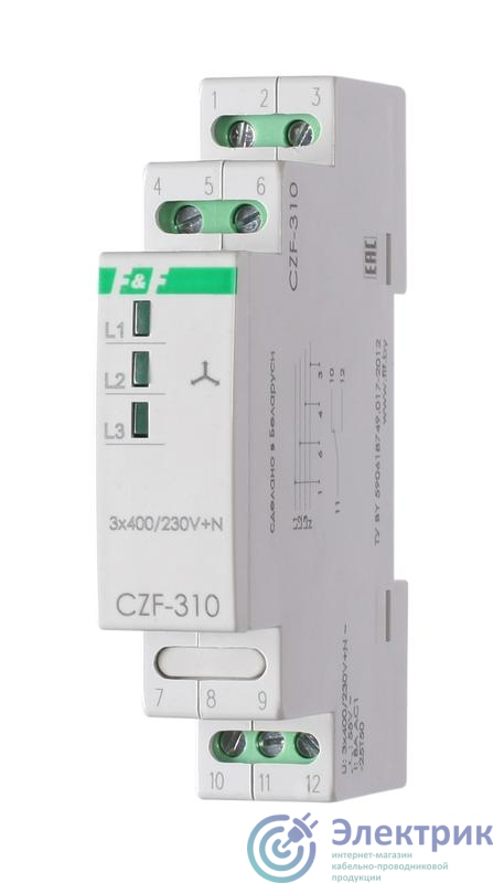 Реле контроля фаз CZF-310 (1 модуль; монтаж на DIN-рейке; 3х400/230+N 8А 1NO/NC IP20) F&F EA04.001.005