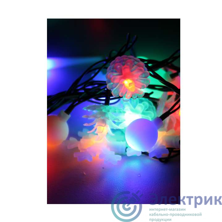 Гирлянда светодиодная "Елочная" 4.4м 30LED мультиколор IP20 матов. насадки - шишки снежинки шарики КОСМОС KOC_GIR30LEDMIX2_RGB