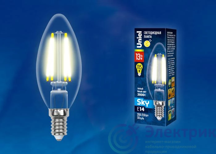 UL-00005899 | Лампа светодиодная LED-C35-13W/3000K/E14/CL PLS02WH Uniel