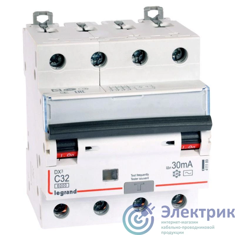 411189 | Выключатель автоматический дифференциального тока 4п C 32А 30мА тип AC 10кА DX3 4мод. Leg 