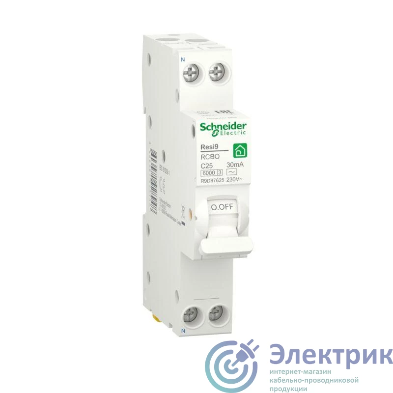 R9D87625 | Выключатель автоматический дифференциального тока 2п C 25А 6000А 30мА тип AC Resi9 18мм SchE 