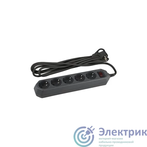 Б0019737 | Удлинитель с сетевым фильтром 5х5м с заземл. 10А IP20 USF-5es-5m-B ПВС 3х0.75 с выкл. черн. Эра 