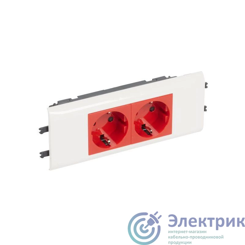 077452 | Розетка 2-м СП 4мод. Mosaic 16А IP40 2х2P+E с заземл. безвинт. клеммы с механич. блокировк. для кабель-канала DLP механизм красн. Leg