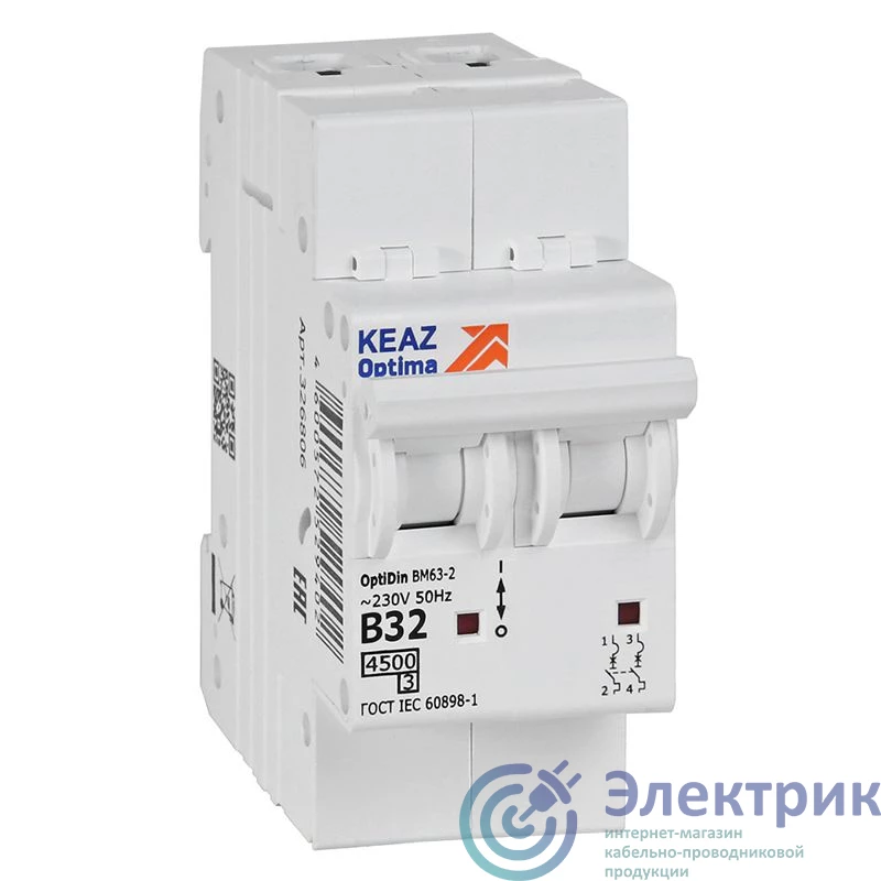 329513 | Выключатель автоматический модульный 2п B 32А 4.5кА OptiDin BM63-2B32-4.5-УХЛ3 КЭАЗ 