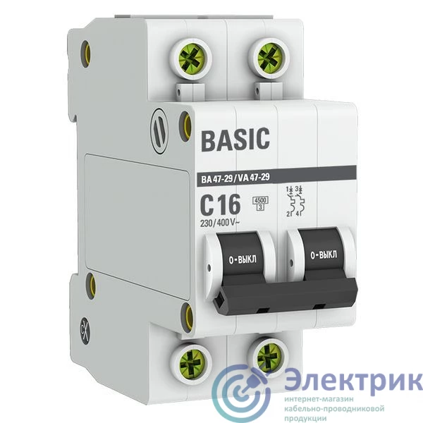 mcb4729-2-16C | Выключатель автоматический модульный 2п C 16А 4.5кА ВА 47-29 Basic EKF 
