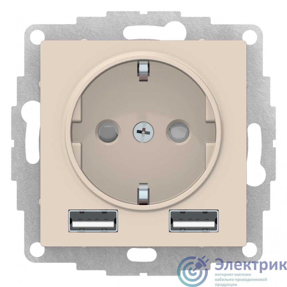 ATN000230 | Розетка 1-м СП AtlasDesign 16А IP20 с 2-мя заряд. устройствами USB тип A+A 5В/2.4А 2х5В/1.2А механизм беж. SE 