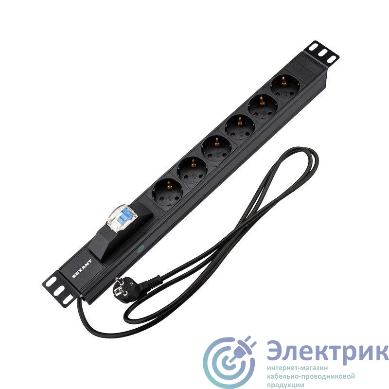 04-0103-1 | Блок распределения питания PDU 6 розеток СЕЕ 7/4 Schuko 16А автомат защиты вилка СЕЕ 7/7 горизонт. шнур 2м корпус алюм. Rexant 