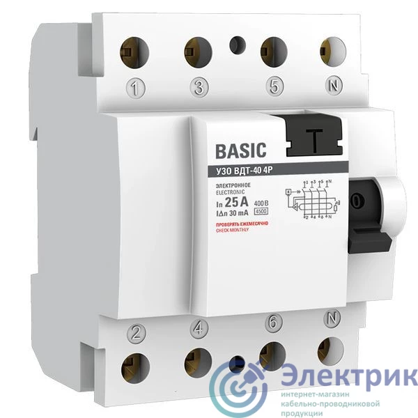 elcb-4-25-30e-sim | Выключатель дифференциального тока (УЗО) 4п 25А 30мА (электрон.) Basic EKF 