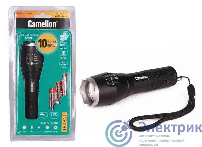 12971 | Фонарь LED5136 XML-T6 ZOOM 3 режима 3хLR03 (в компл.) алюм. черн. (открывающ. блист.) Camelion 