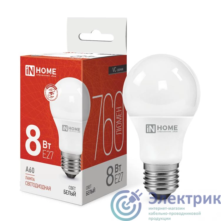 4690612024028 | Лампа светодиодная LED-A60-VC 8Вт грушевидная 4000К нейтр. бел. E27 760лм 230В IN HOME 