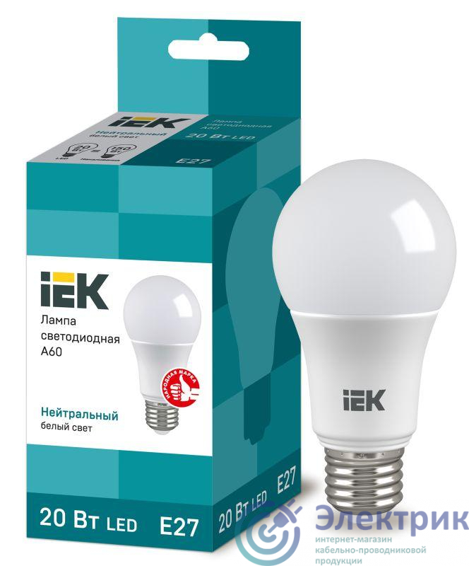 Лампа светодиодная Eco 20Вт A60 грушевидная 4000К нейтр. бел. E27 230В IEK LLE-A60-20-230-40-E27