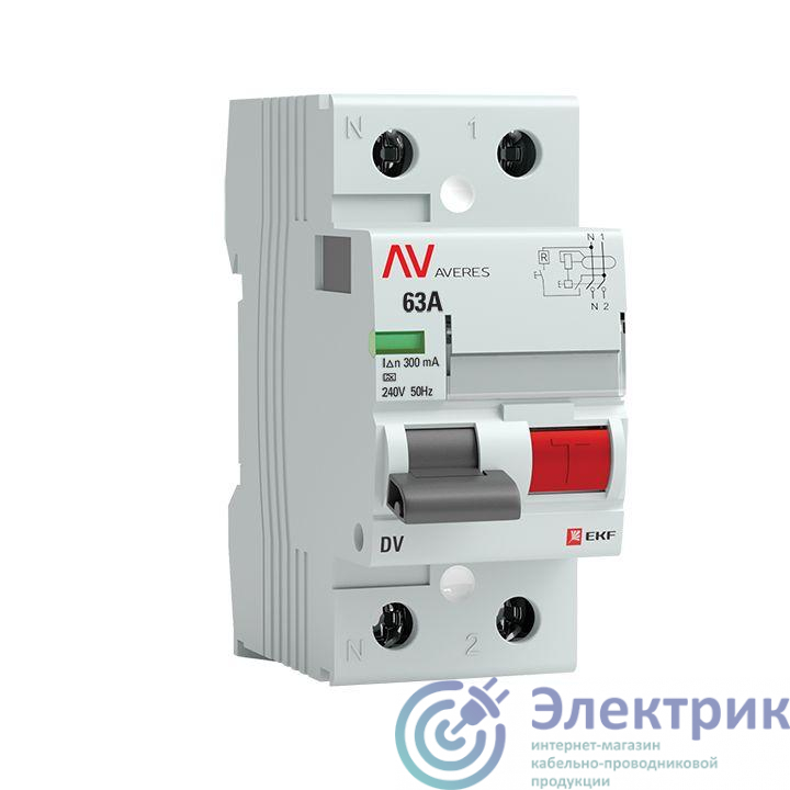 Выключатель дифференциального тока (УЗО) 2п 63А 300мА тип A DV AVERES EKF rccb-2-63-300-a-av