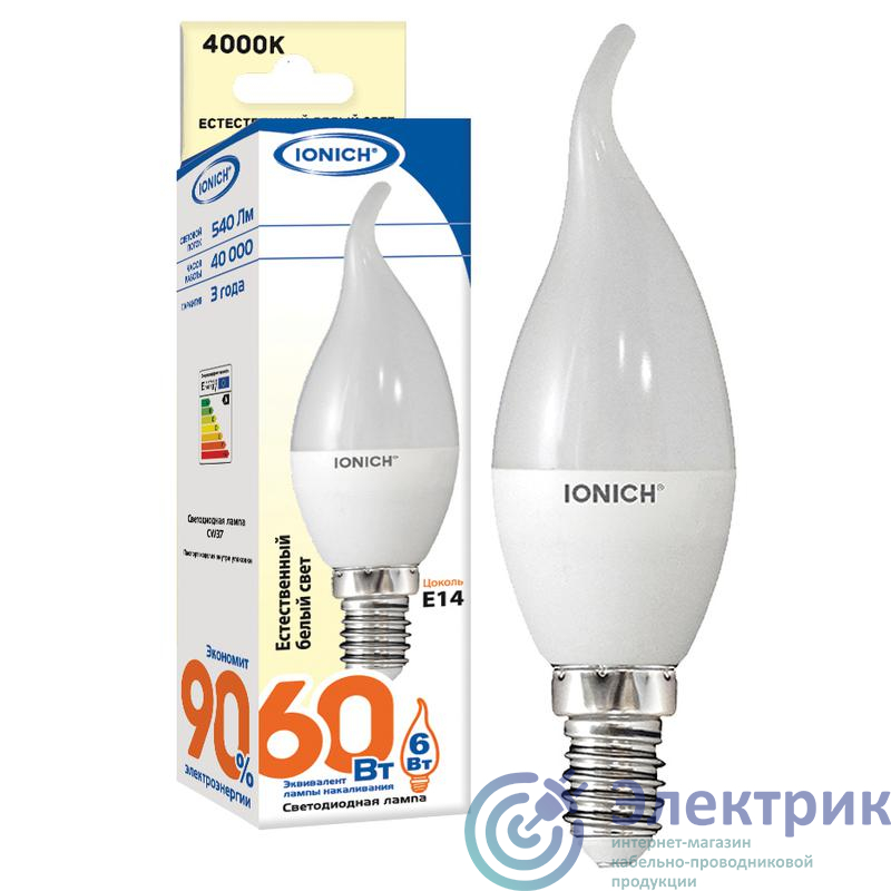 Лампа светодиодная ILED-SMD2835-CW37-6-540-220-4-E14 (0164) 6Вт свеча на ветру 4000К нейтр. бел. E14 540лм 230-240В IONICH 1540