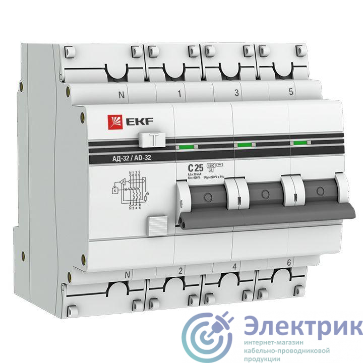 Выключатель автоматический дифференциального тока 4п (3P+N) C 25А 30мА тип AC 4.5кА АД-32 защита 270В электрон. PROxima EKF DA32-25-30-4P-pro