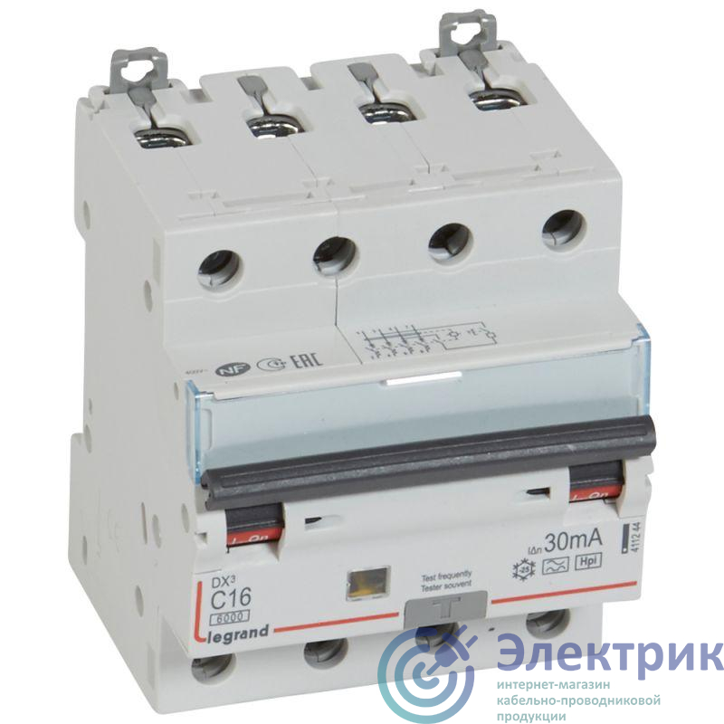 Выключатель автоматический дифференциального тока 4п C 16А 30мА F 6кА DX3 F Leg 411244