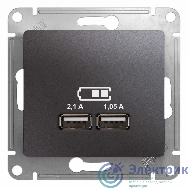 Розетка USB 2-м СП Glossa тип A+A 5В/2100мА 2х5В/1050мА механизм графит SE GSL001333