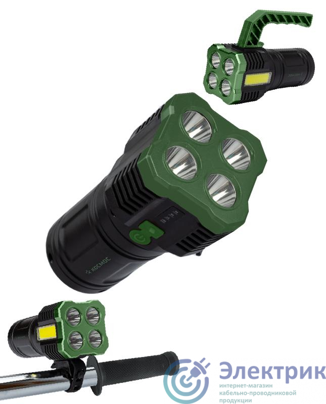 Фонарь-прожектор аккумуляторный ручной 4Вт SMD LED+3Вт COB LED Li-ion 18650 1200мА.ч корпус ABS-пластик индикатор уровня заряда USB-шнур съемные ручка и регул. противоскол. резин. держатель-крепл. для велосипеда КОСМОС KOC902Lit