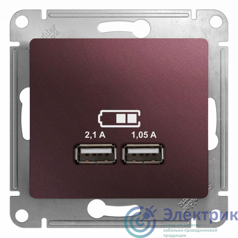 Розетка USB 2-м СП Glossa тип A+A 5В/2100мА 2х5В/1050мА механизм баклажан. SE GSL001133