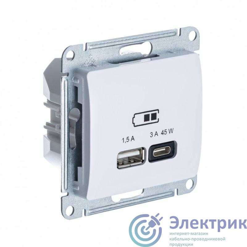 Розетка USB Glossa тип A+C 45Вт QC PD высокоскор. ЗУ механизм бел. SE GSL000129