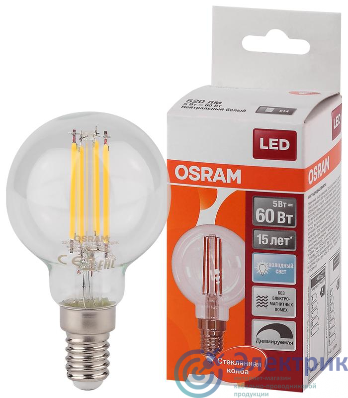 Лампа светодиодная филаментная LS CL P60D 5W/840 FIL E14 230В OSRAM 4058075230446