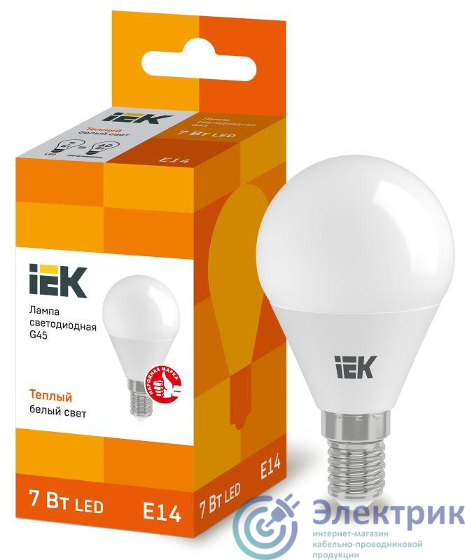 Лампа светодиодная Eco G45 7Вт шар 3000К тепл. бел. E14 630лм 230-240В IEK LLE-G45-7-230-30-E14