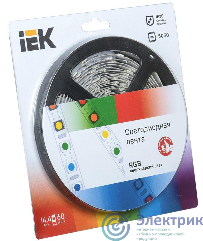 Лента светодиодная LED LSR-5050RGB60-14.4-IP20-12V 14.4Вт/м полноцвет. (уп.5м) IEK LSR2-3-060-20-1-05