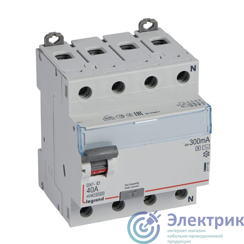 Выключатель дифференциального тока (УЗО) 4п 40А 300мА тип ACS DX3 N справа Leg 411745
