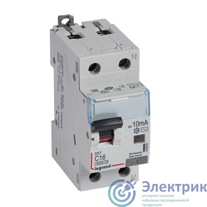 Выключатель автоматический дифференциального тока 2п (1P+N) C 16А 10мА тип AC 6кА DX3 2мод. Leg 410993