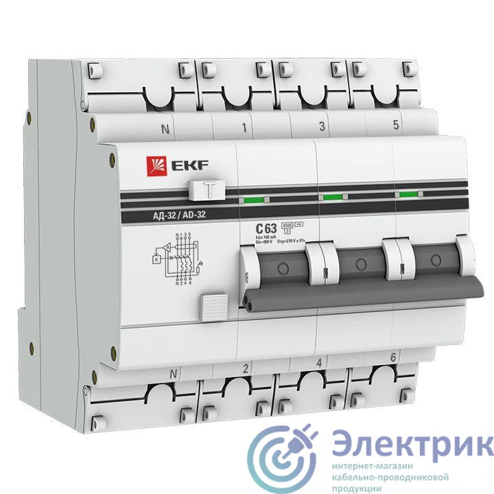 Выключатель автоматический дифференциального тока 4п (3P+N) C 63А 100мА тип AC 4.5кА АД-32 защита 270В электрон. PROxima EKF DA32-63-100-4P-pro