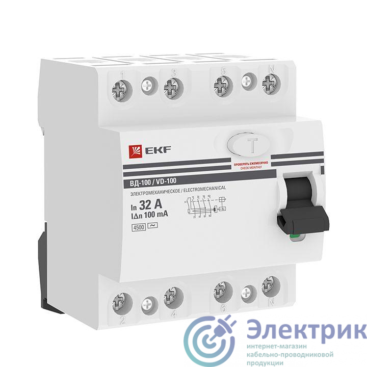 Выключатель дифференциального тока (УЗО) 4п 32А 100мА тип AC ВД-100 (электромех.) PROxima EKF elcb-4-32-100-em-pro