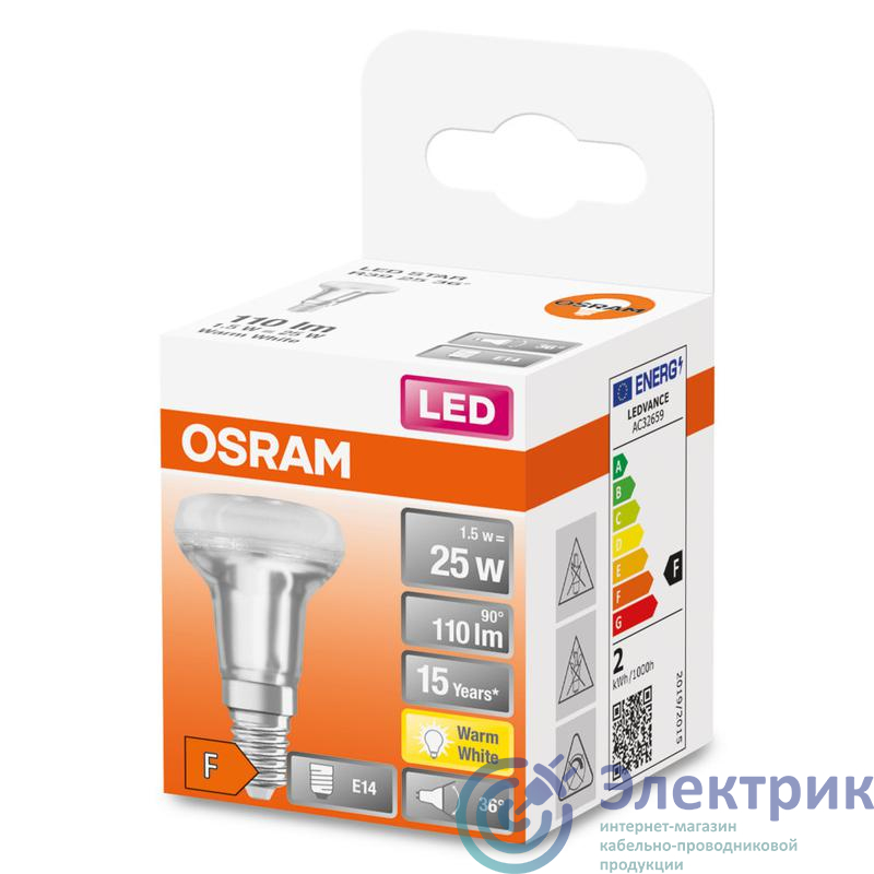 Лампа светодиодная LED STAR R39 25 non-dim 36град. 1.5W/827 1.5Вт прозрачная 2700К тепл. бел. E14 110лм 220-240В (замена 25Вт) OSRAM 4058075433243