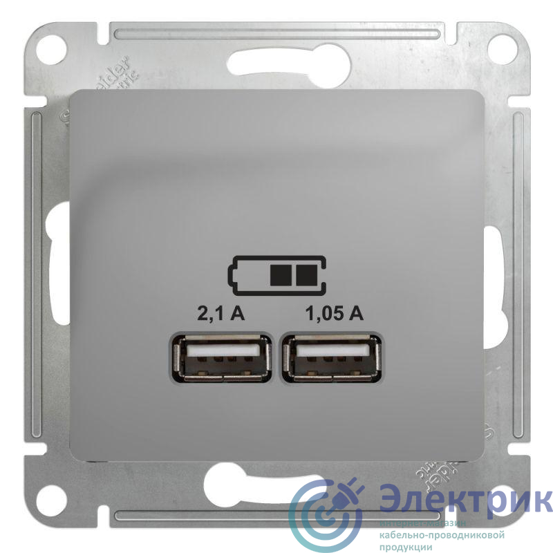Розетка USB 2-м СП Glossa тип A+A 5В/2100мА 2х5В/1050мА механизм алюм. SE GSL000333