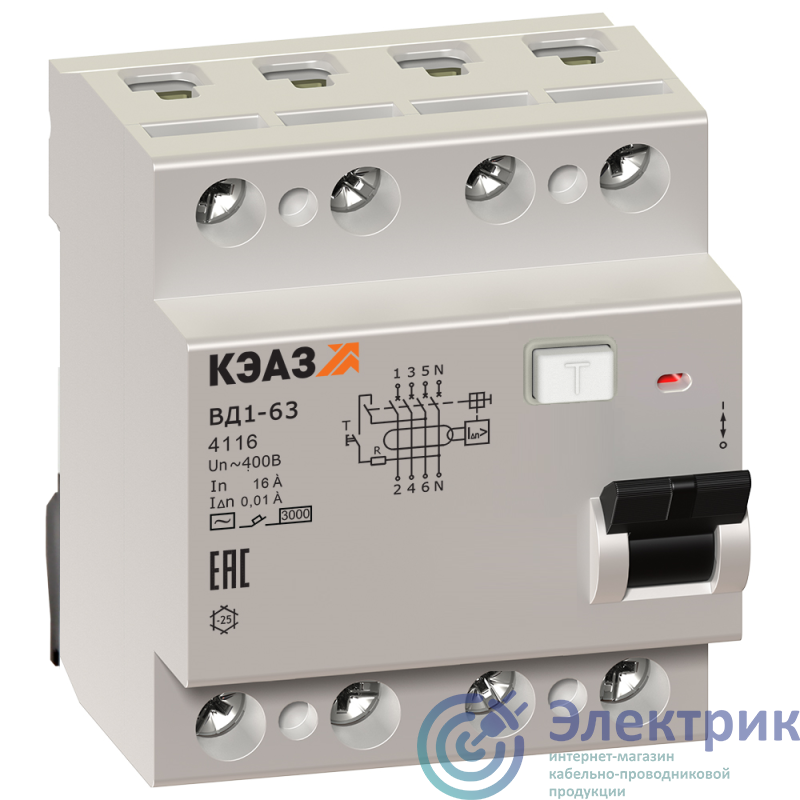 Выключатель дифференциального тока (УЗО) 4п 25А 10мА тип AC ВД1-63 4125 УХЛ4 КЭАЗ 221945