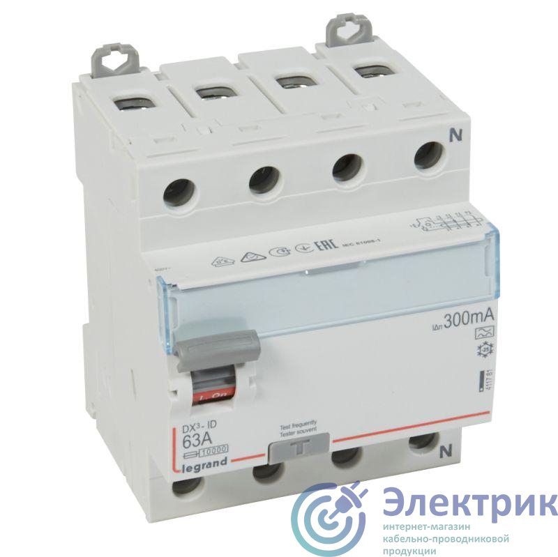 Выключатель дифференциального тока (УЗО) 4п 63А 300мА тип A DX3 N справа Leg 411781