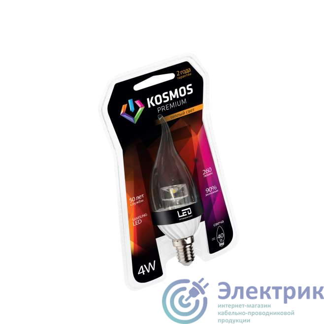 Лампа светодиодная KOSMOS premium 4Вт свеча на ветру прозрачная E14 230В 3000К Космос KLED4wCW230vE1427CL