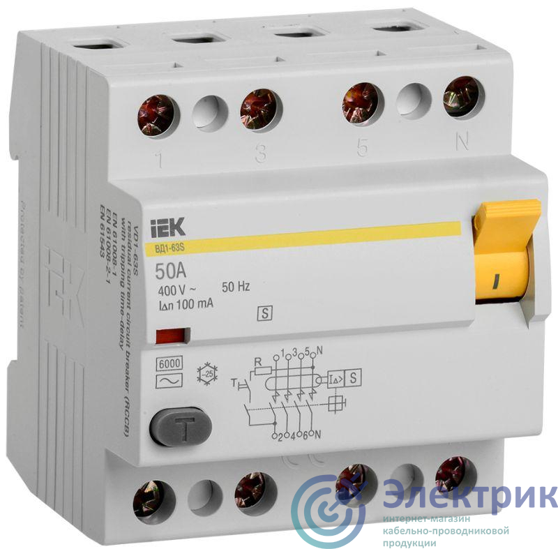 Выключатель дифференциального тока (УЗО) 4п 50А 100мА тип ACS ВД1-63S IEK MDV12-4-050-100