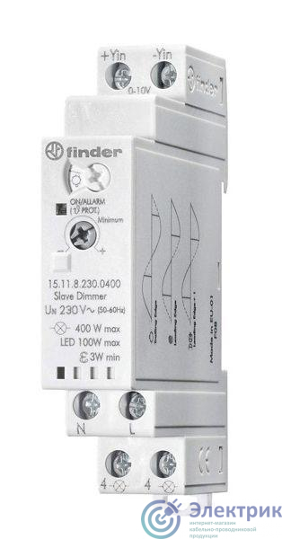 Диммер модульный ведомый электронный (Slave) управление сигналом 0-10В от ведущего диммера (Master) разные типы ламп до 400Вт 230В AC (50Гц) IP20 FINDER 151182300400
