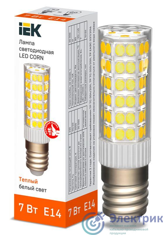 Лампа светодиодная CORN 7Вт капсула 3000К E14 230В керамика IEK LLE-CORN-7-230-30-E14