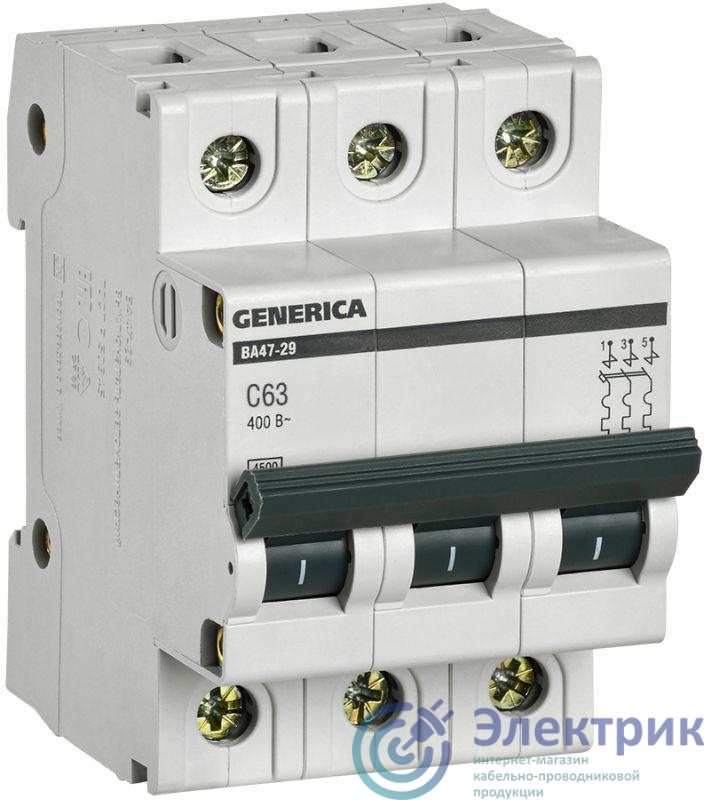 Выключатель автоматический модульный 3п C 63А 4.5кА ВА47-29 GENERICA MVA25-3-063-C