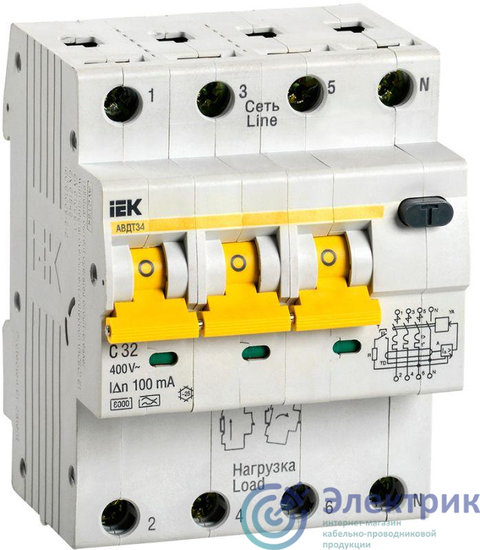 Выключатель автоматический дифференциального тока 4п (3P+N) C 32А 100мА тип A 6кА АВДТ-34 IEK MAD22-6-032-C-100