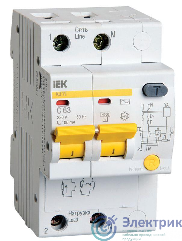 Выключатель автоматический дифференциального тока 2п C 63А 100мА тип AC 4.5кА АД-12 IEK MAD10-2-063-C-100