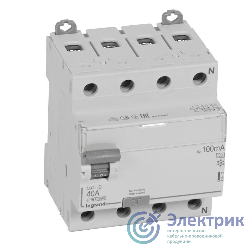 Выключатель дифференциального тока (УЗО) 4п 40А 100мА тип A DX3 N справа Leg 411770