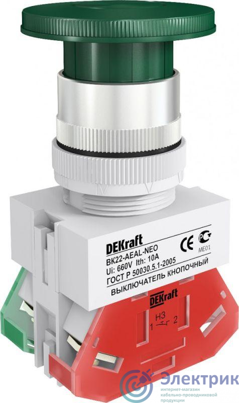 Выключатель кнопочный "Грибок" AEAL ВК-22 d22мм с фиксацией зел. DEKraft 25039DEK