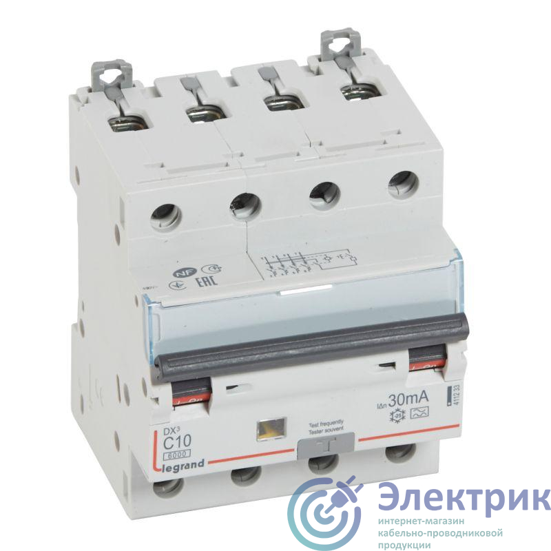 Выключатель автоматический дифференциального тока 4п C 10А 30мА тип A 10кА DX3 Leg 411233