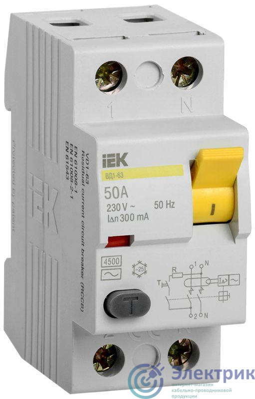 Выключатель дифференциального тока (УЗО) 2п 50А 300мА тип AC ВД1-63 IEK MDV10-2-050-300