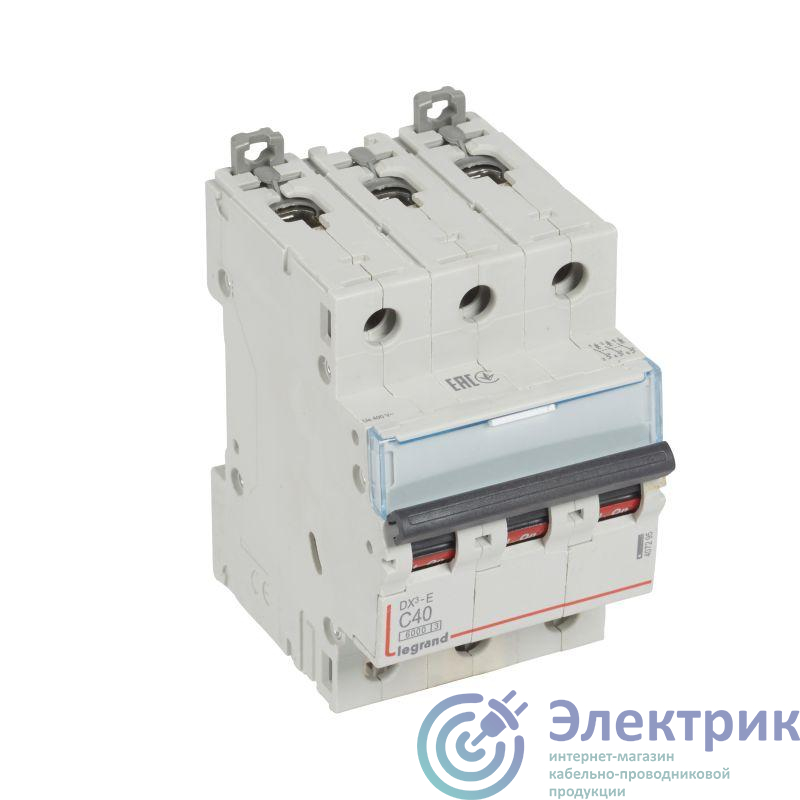 407295 | Выключатель автоматический модульный 3п C 40А 6кА DX3-E 6000 3мод. 230/400В Leg