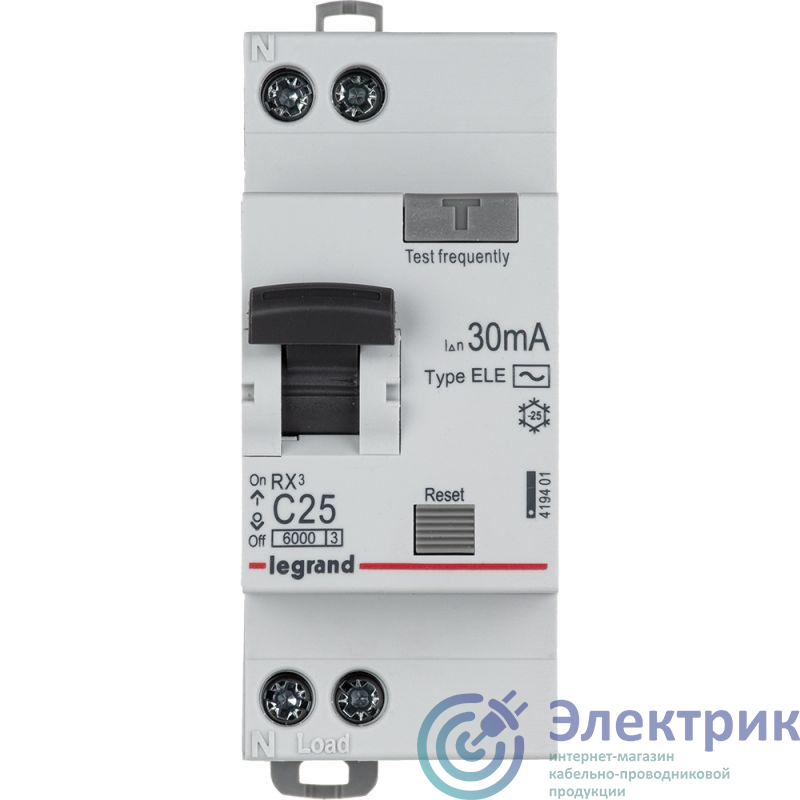 Выключатель автоматический дифференциального тока 2п (1P+N) C 25А 30мА тип AC 6кА RX3 Leg 419401