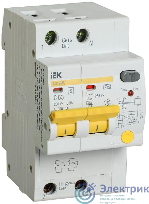 Выключатель автоматический дифференциального тока селективный 2п 63А 300мА тип A АД12MS IEK MAD123-2-063-C-300