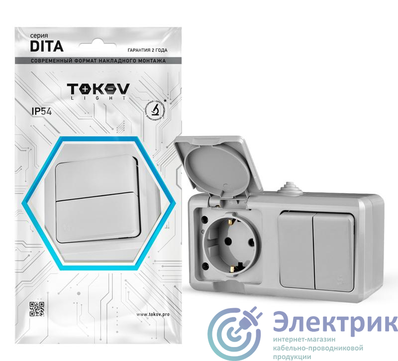 Блок ОП Dita (розетка 16А 250В с заземл. + 2-кл. выкл. 10А) IP54 сер. TOKOV ELECTRIC TKL-DT-V2RZ-C06-IP54