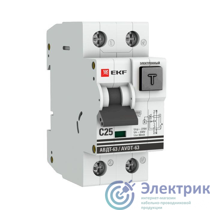 Выключатель автоматический дифференциального тока 25А 30мА тип AC 6кА АВДТ-63 электрон. PROxima EKF DA63-25-30e-AC